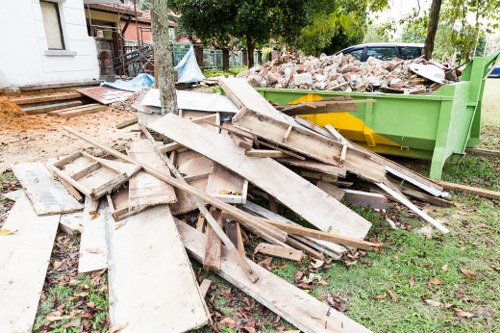 Construction waste clearance near a temple setting