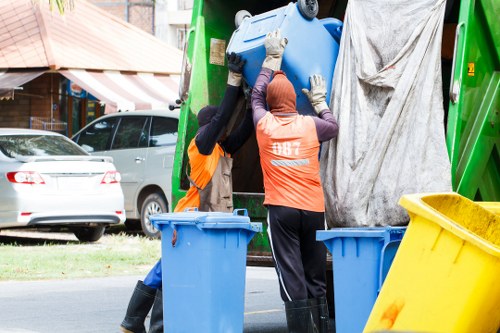 Step-by-step garage clearance process in a peaceful temple environment.